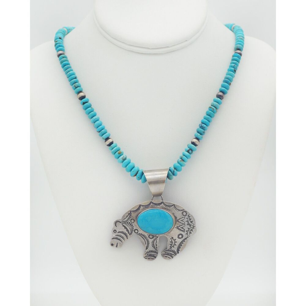 Native American Silver Chimney Butte Turquoise Bear pendant and Beaded Necklace
